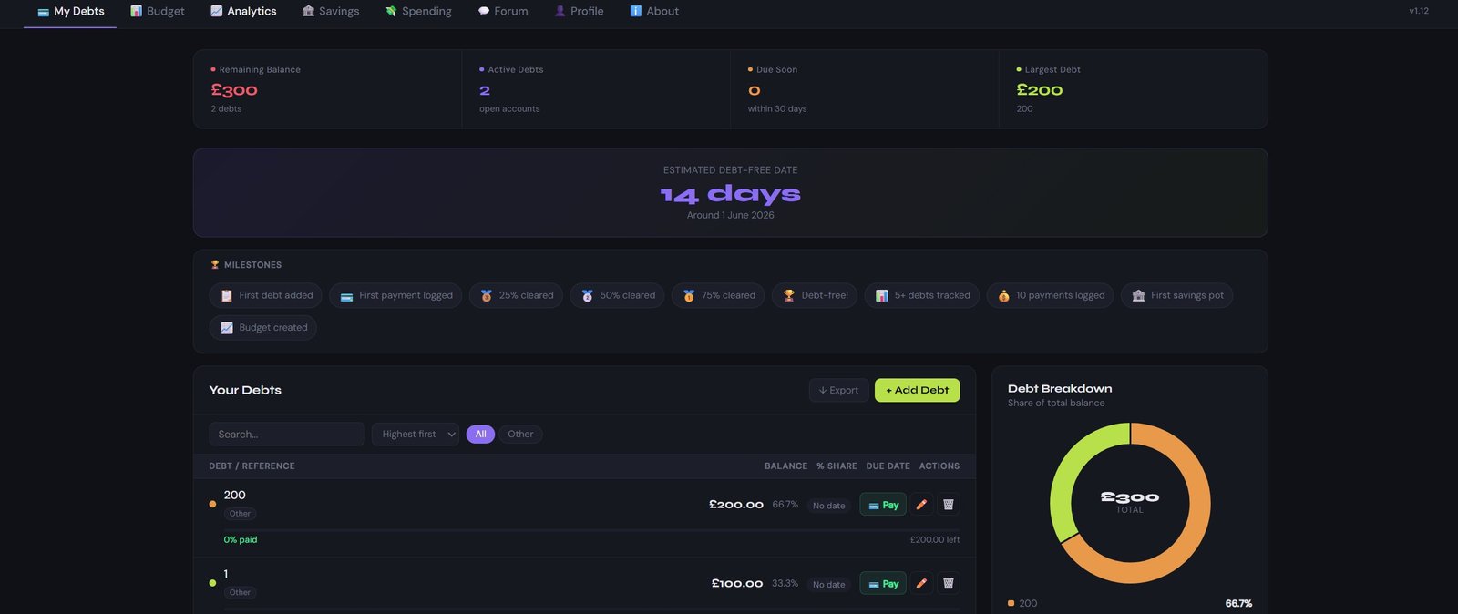 My Debt Plan — My Debts view showing debt tracking, milestones and debt-free countdown